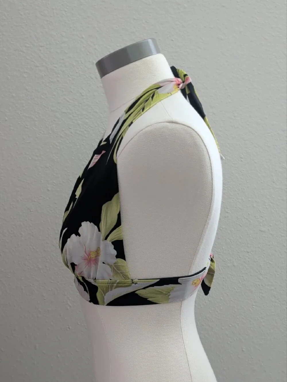 Halter Bikini Top in Black and Green Tropical Print